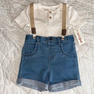 NWT CAT & JACK BABY WHITE ONESIE AND DENIM SHORTS SUSPENDER SET 18M